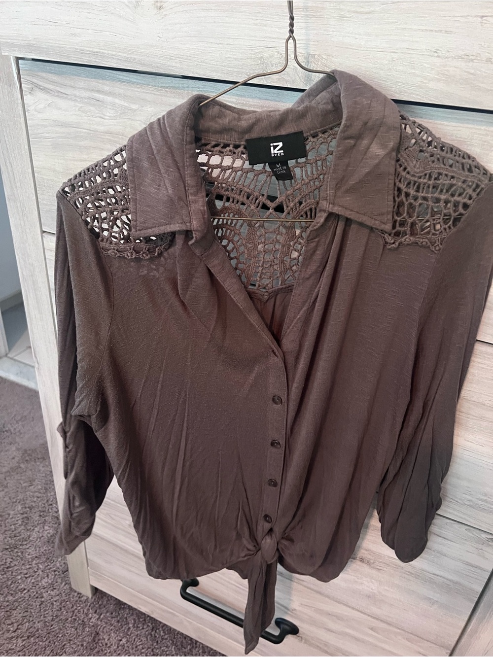 Iz Byer Brown Crochet Yoke Button-Front Women's Shirt